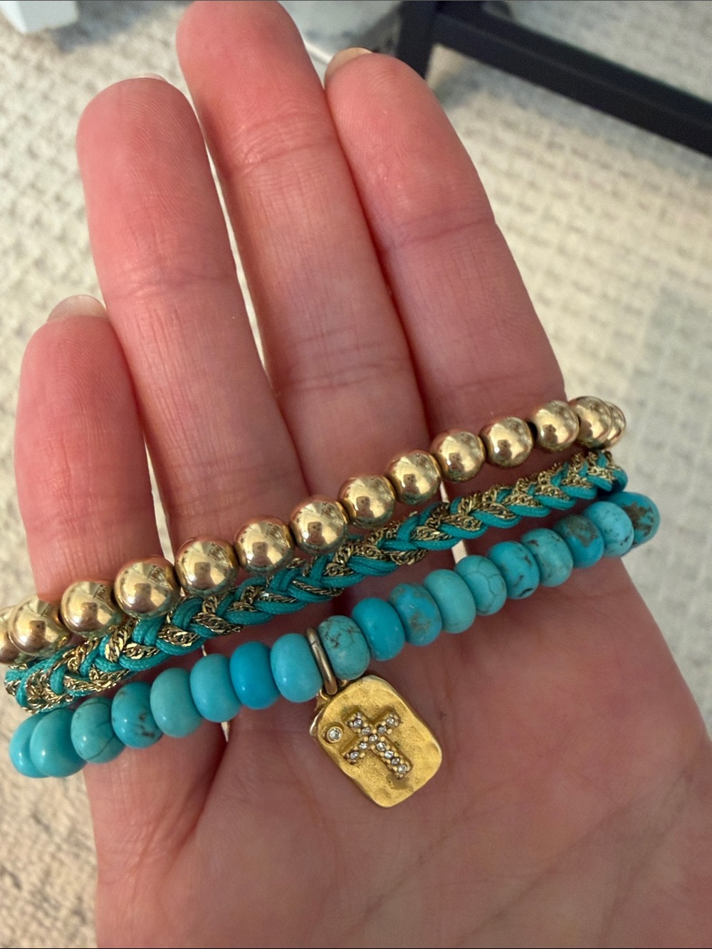 Gold and Turquoise Beaded Bracelet Set with Cross Charm
